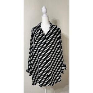 Womens Plus 30W Career Casual Black Stipe Long Sleeve Roll Tab Button Up Blouse